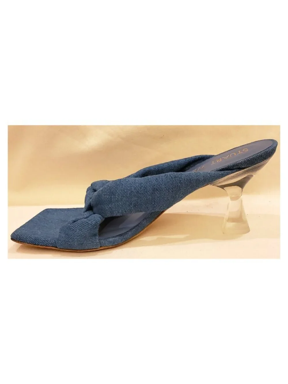 Stuart Weitzman Blue Denim Knot Mule Sandals Lucite Clear Heel Size 8.5 B